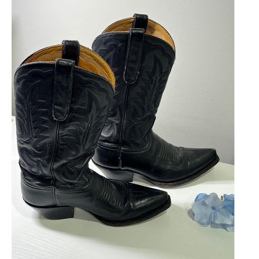 Vintage‎ Dan Post Black Leather Western Cowboy Boots Pointed Toe Womens 7 B